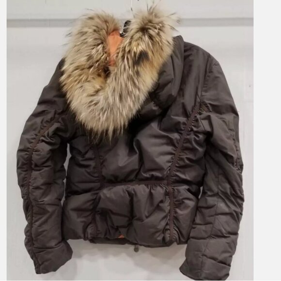 AUTHIER Italy Down Parka Puffer Ski Jacket Fur Trim Gray Green Women US 6 Small - Picture 2 of 12